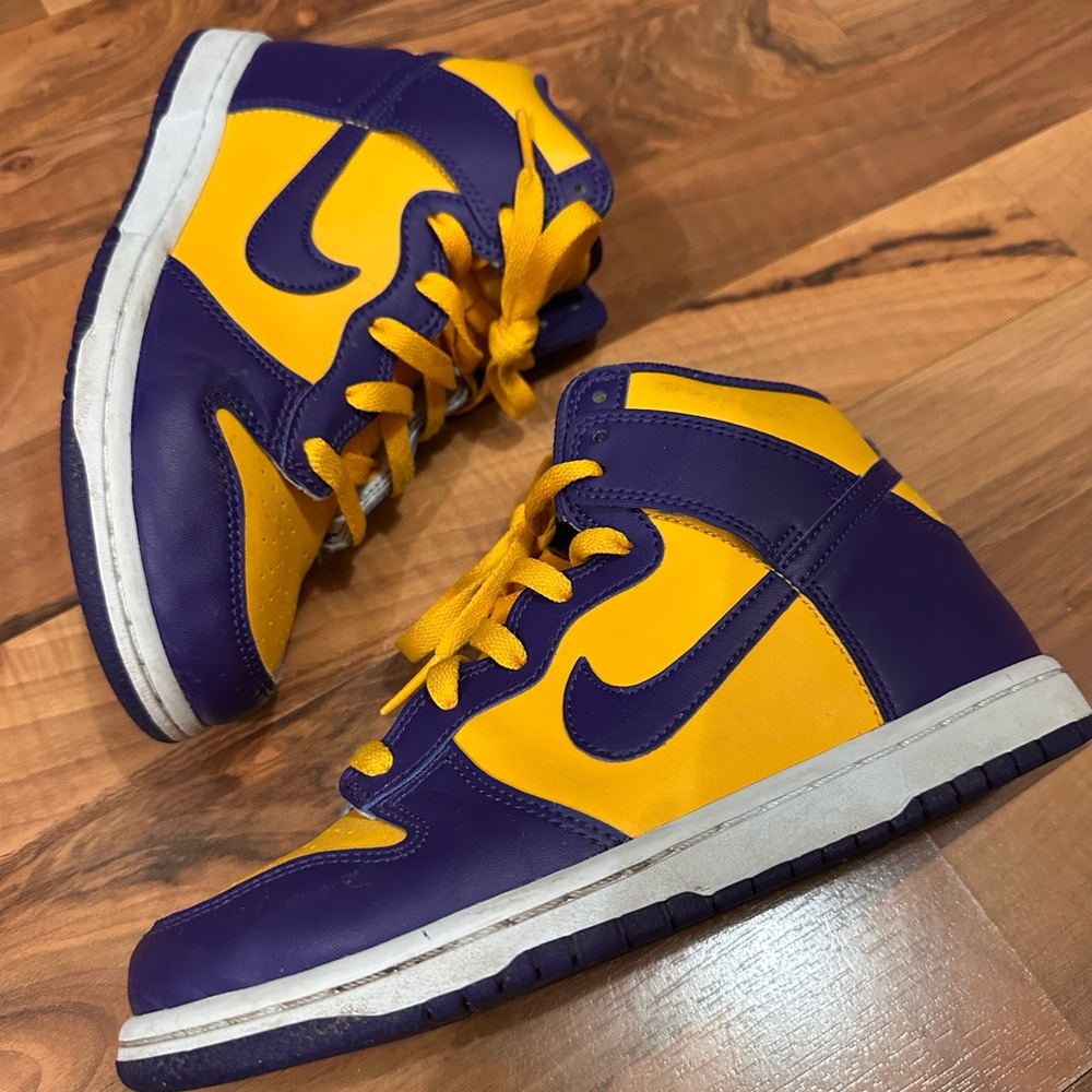 Nike Dunks High-Top Sneakers in Purple and Yellow Colorblock - Picture 3 of 9